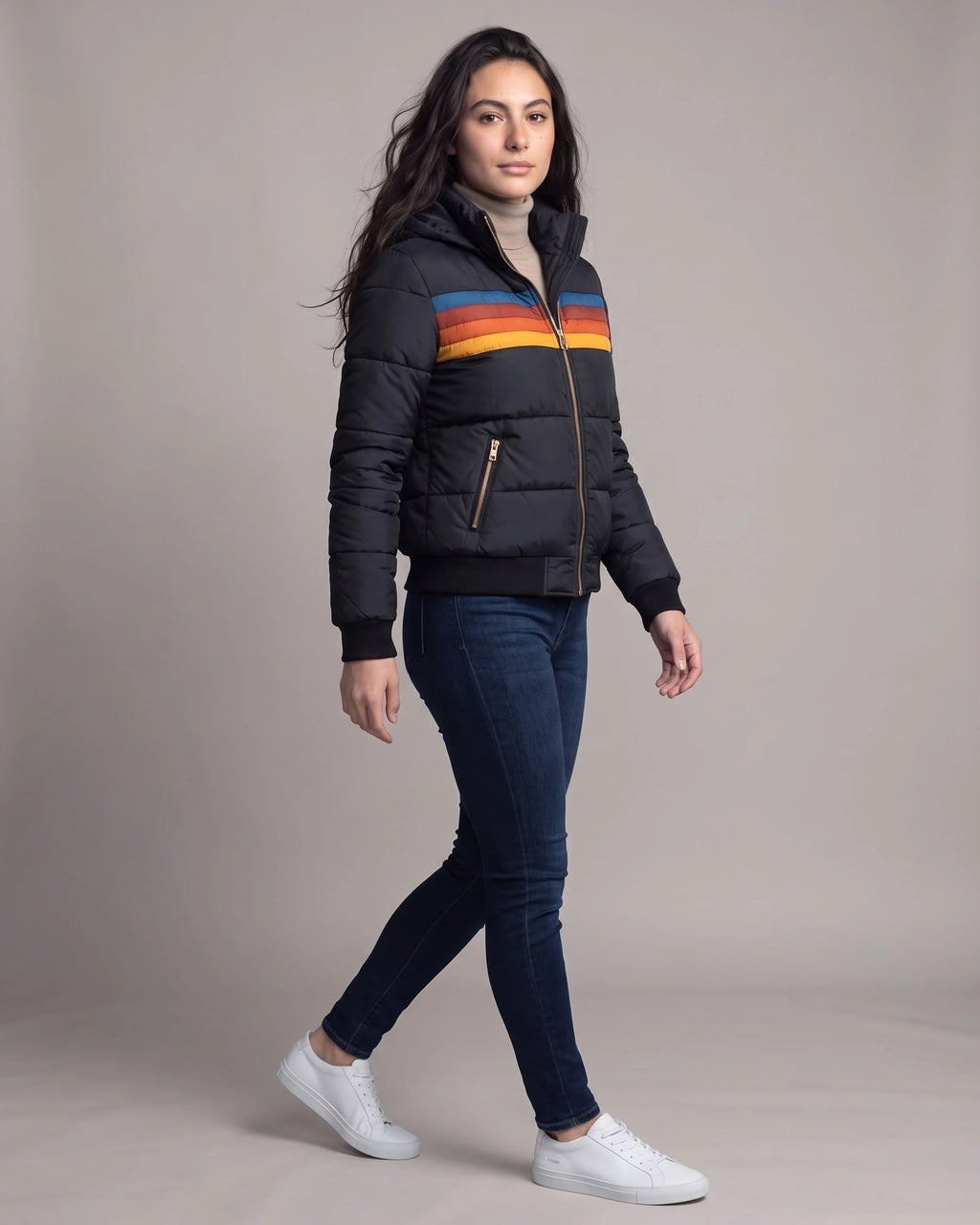 Women's Bomber Puffer Jacket with Hood in Colour Block Stripes, Zip Pockets – Saffron