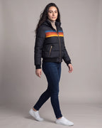 Women's Bomber Puffer Jacket with Hood in Colour Block Stripes, Zip Pockets – Saffron
