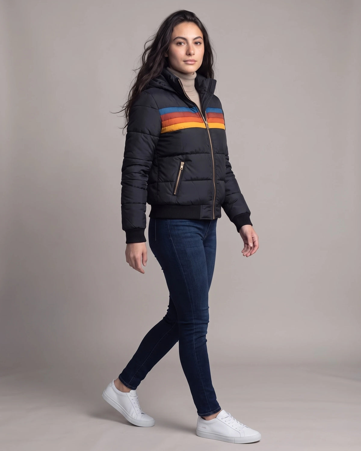 Women's Bomber Puffer Jacket with Hood in Colour Block Stripes, Zip Pockets – Saffron