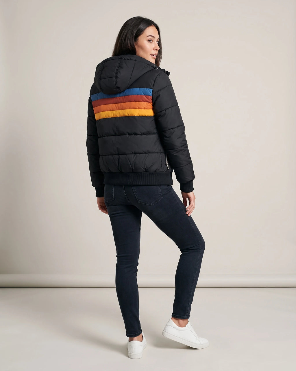 Women's Bomber Puffer Jacket with Hood in Colour Block Stripes, Zip Pockets – Saffron