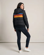 Women's Bomber Puffer Jacket with Hood in Colour Block Stripes, Zip Pockets – Saffron