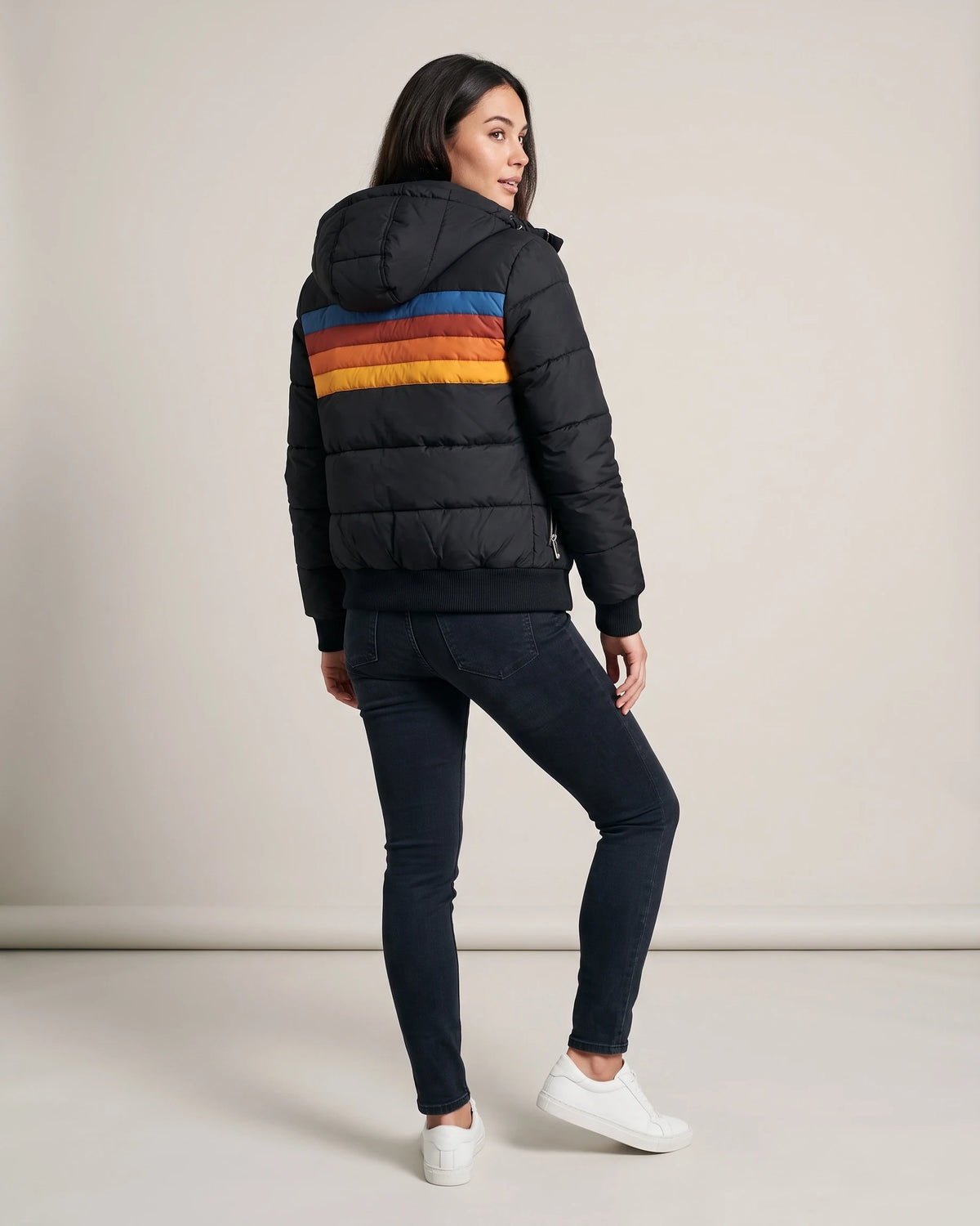 Women's Bomber Puffer Jacket with Hood in Colour Block Stripes, Zip Pockets – Saffron
