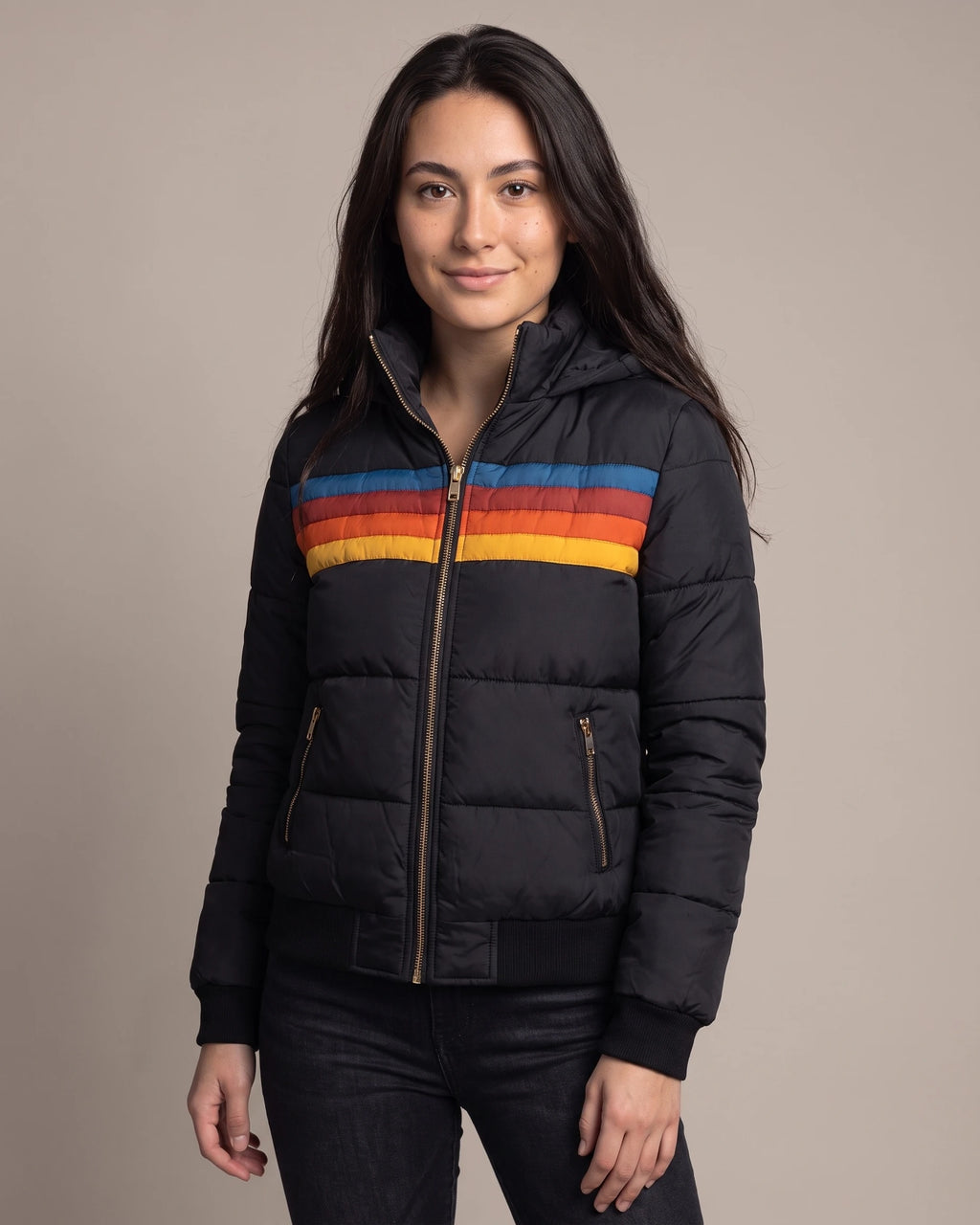 Women's Bomber Puffer Jacket with Hood in Colour Block Stripes, Zip Pockets – Saffron