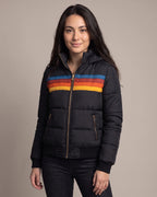 Women's Bomber Puffer Jacket with Hood in Colour Block Stripes, Zip Pockets – Saffron