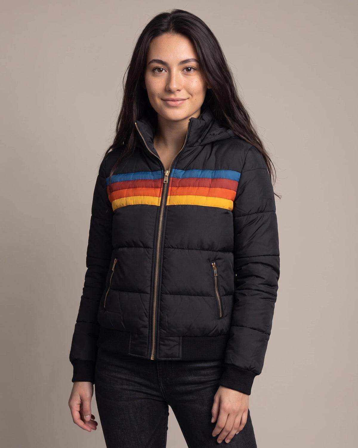 Women's Bomber Puffer Jacket with Hood in Colour Block Stripes, Zip Pockets – Saffron
