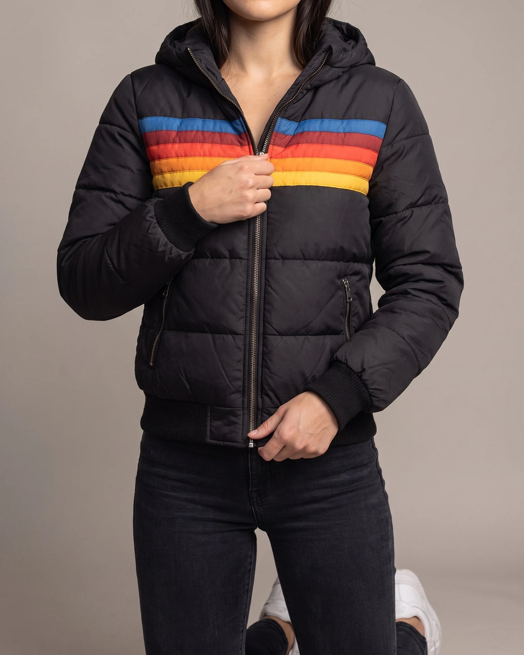 Women's Bomber Puffer Jacket with Hood in Colour Block Stripes, Zip Pockets – Saffron