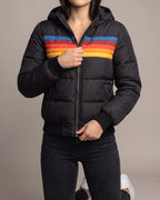 Women's Bomber Puffer Jacket with Hood in Colour Block Stripes, Zip Pockets – Saffron