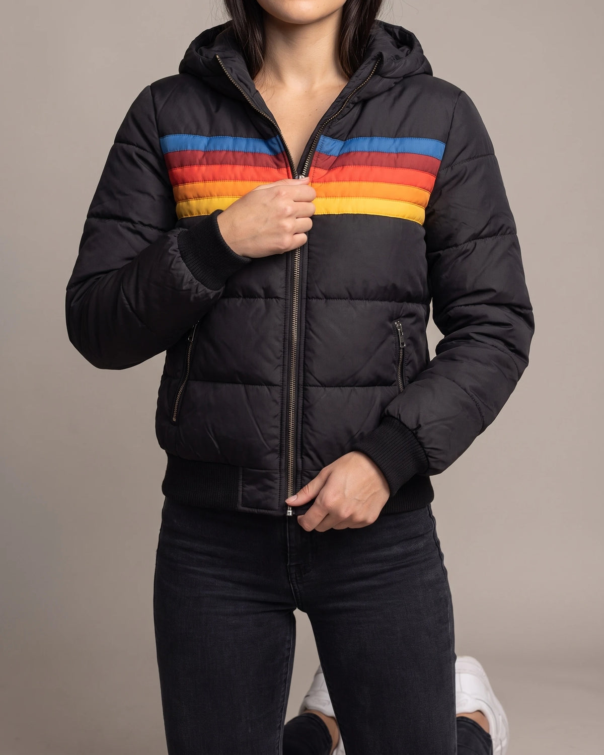 Women's Bomber Puffer Jacket with Hood in Colour Block Stripes, Zip Pockets – Saffron
