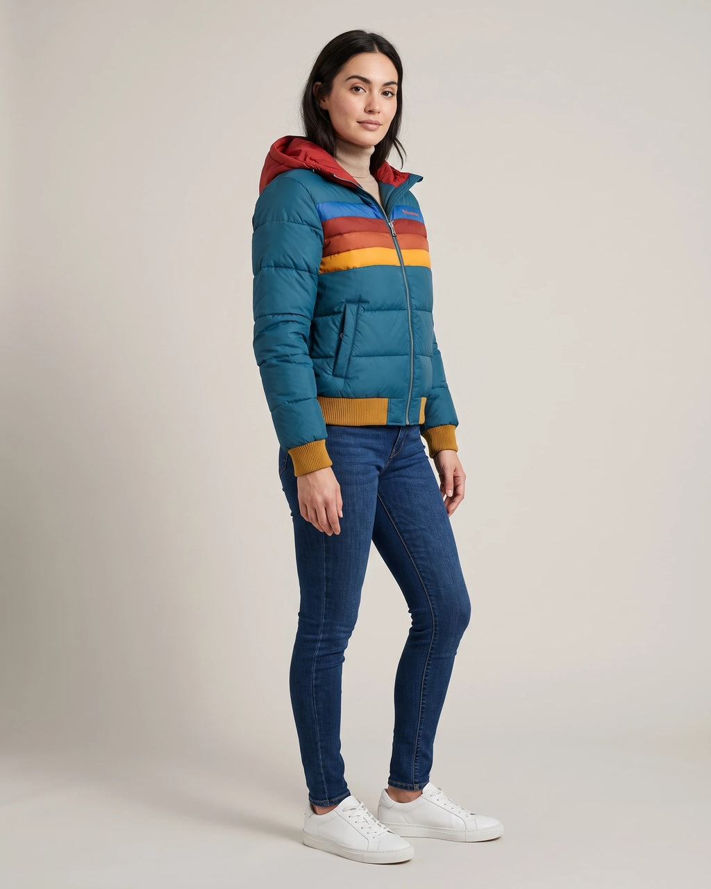 Women's Bomber Puffer Jacket with Hood in Colour Block Stripes, Zip Pockets – Saffron