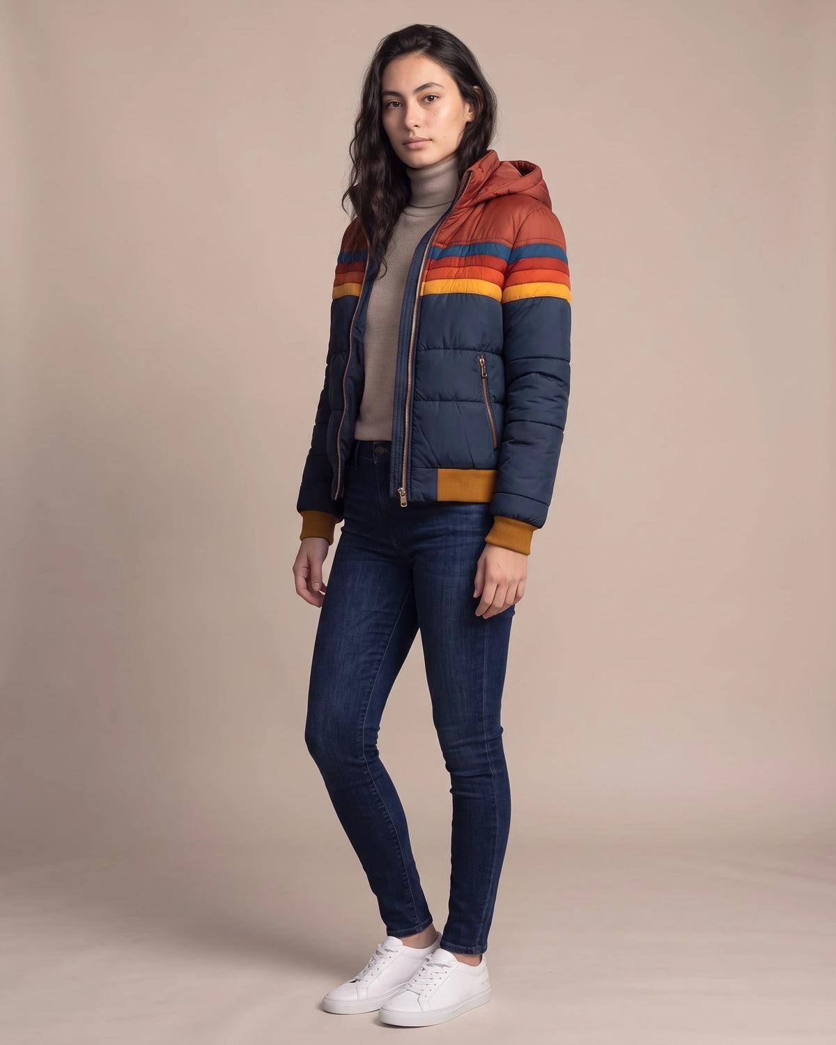 Women's Bomber Puffer Jacket with Hood in Colour Block Stripes, Zip Pockets – Saffron
