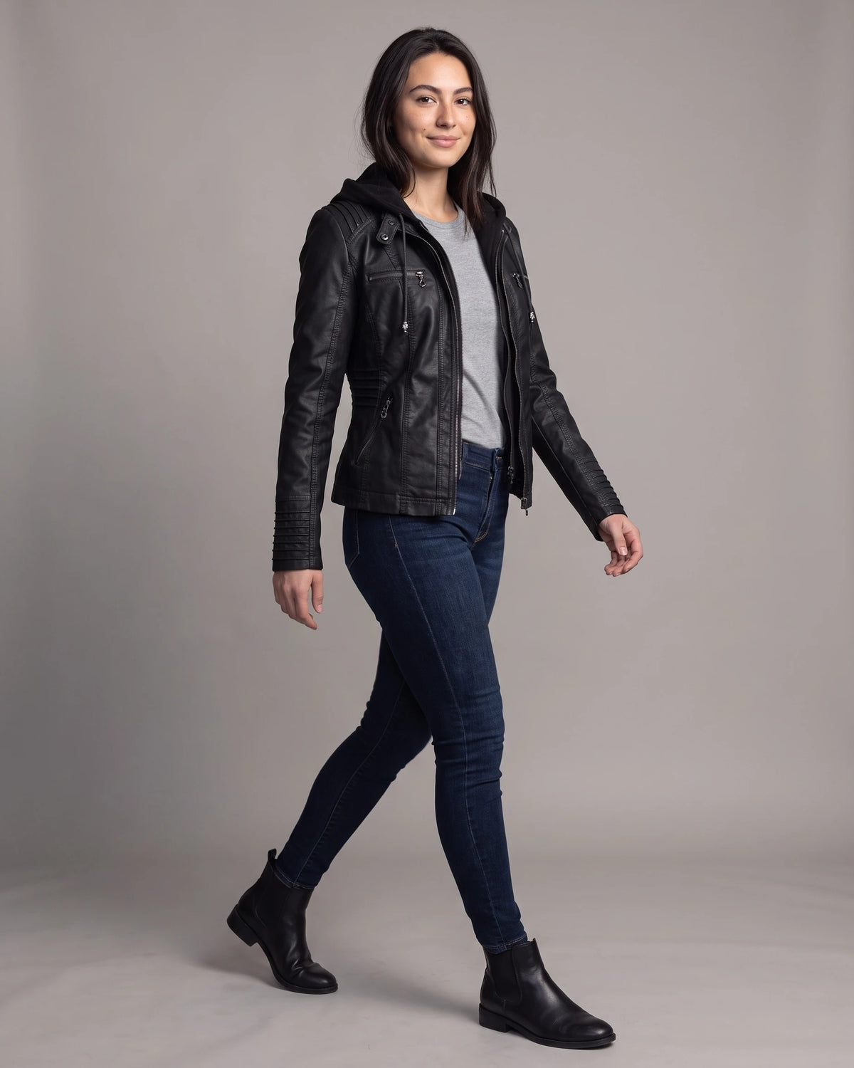Women's Faux Leather Biker Jacket with Hood, Ribbed Panels and Zip Pockets – Marlowe