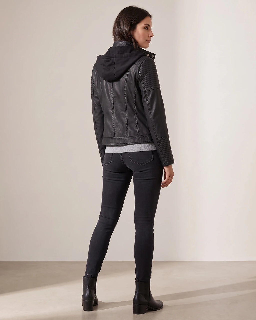 Women's Faux Leather Biker Jacket with Hood, Ribbed Panels and Zip Pockets – Marlowe