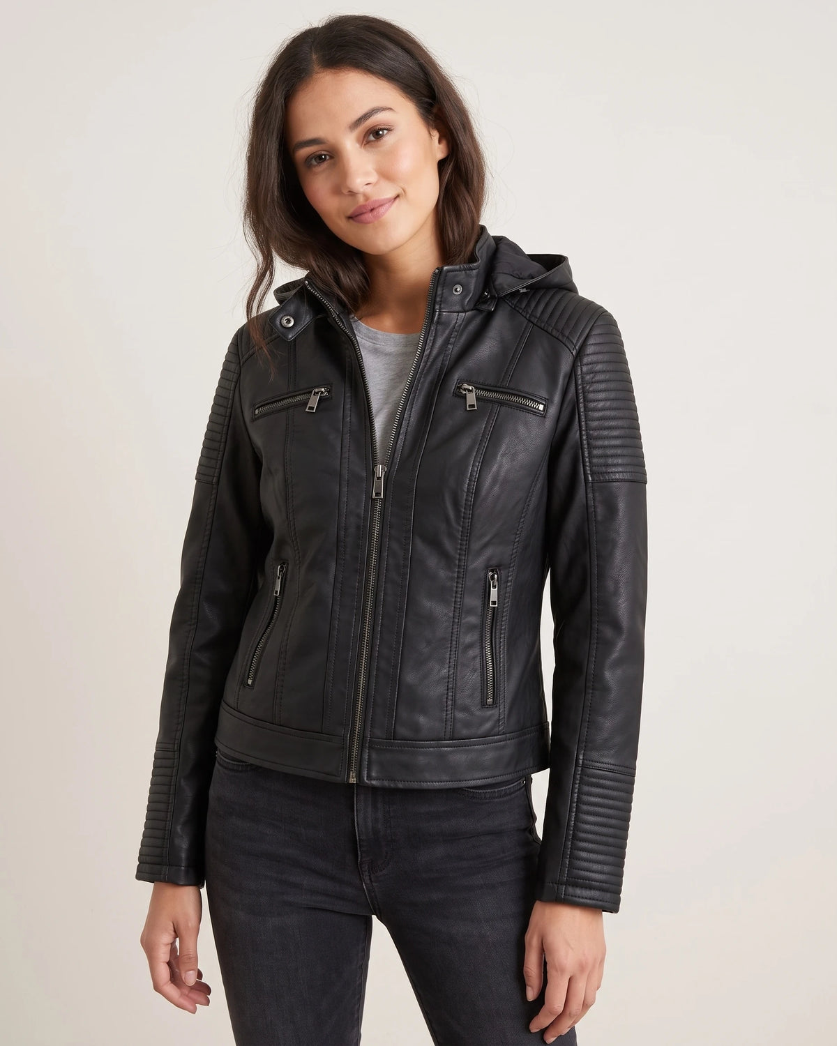 Women's Faux Leather Biker Jacket with Hood, Ribbed Panels and Zip Pockets – Marlowe