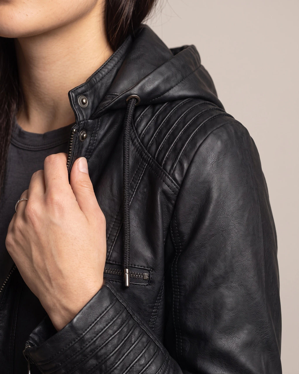 Women's Faux Leather Biker Jacket with Hood, Ribbed Panels and Zip Pockets – Marlowe