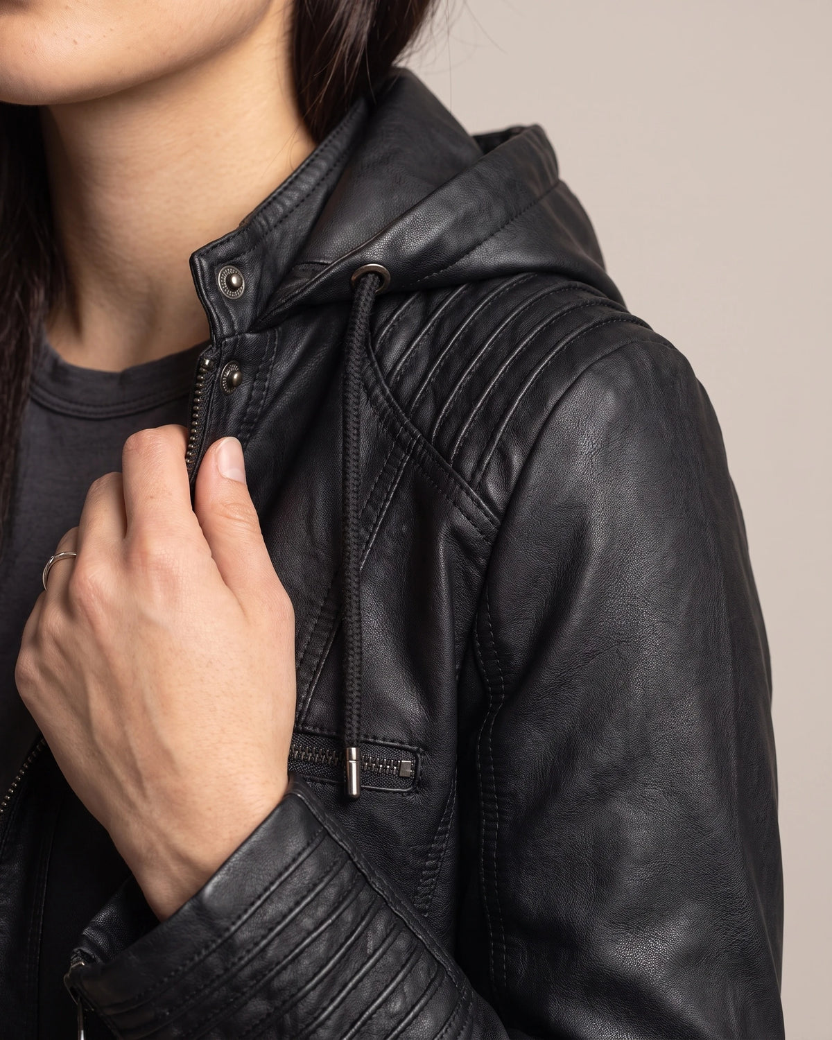 Women's Faux Leather Biker Jacket with Hood, Ribbed Panels and Zip Pockets – Marlowe