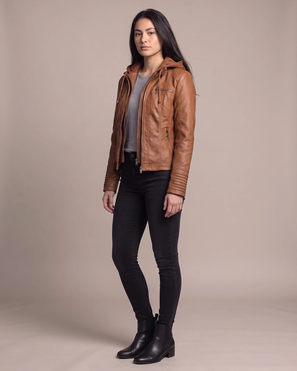 Women's Faux Leather Biker Jacket with Hood, Ribbed Panels and Zip Pockets – Marlowe