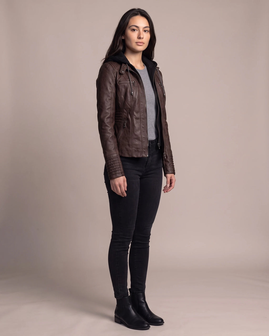 Women's Faux Leather Biker Jacket with Hood, Ribbed Panels and Zip Pockets – Marlowe