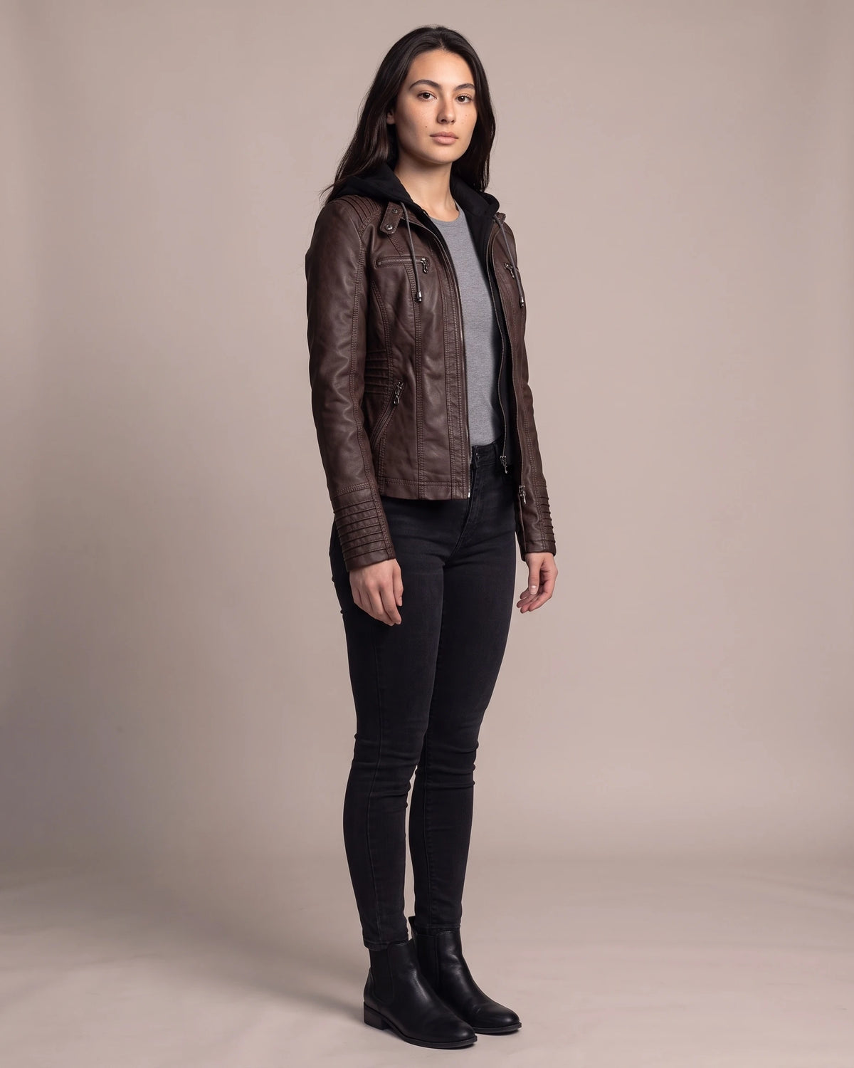Women's Faux Leather Biker Jacket with Hood, Ribbed Panels and Zip Pockets – Marlowe