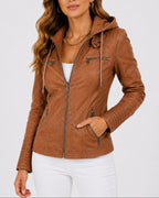 Women's Faux Leather Jacket with Hood, Zip Pockets and Ribbed Panels, Biker Style – Sadie