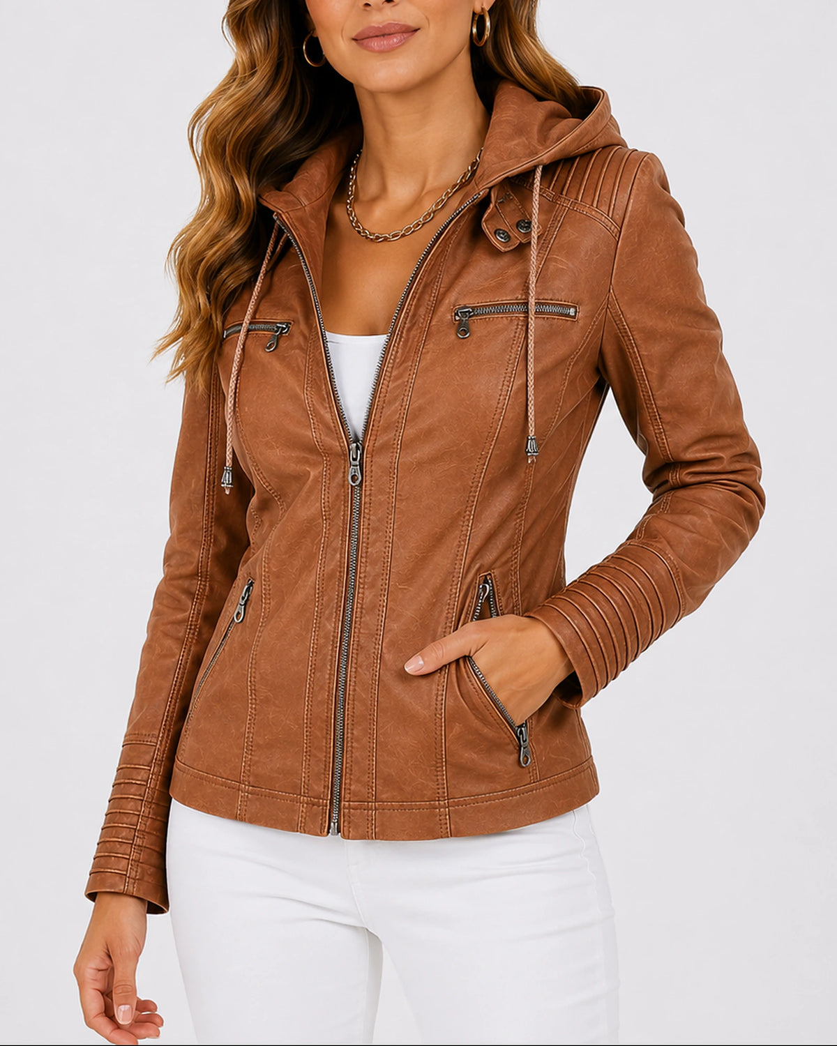 Women's Faux Leather Jacket with Hood, Zip Pockets and Ribbed Panels, Biker Style – Sadie