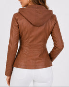 Women's Faux Leather Jacket with Hood, Zip Pockets and Ribbed Panels, Biker Style – Sadie