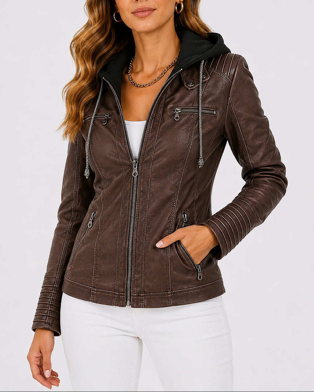 Women's Faux Leather Jacket with Hood, Zip Pockets and Ribbed Panels, Biker Style – Sadie