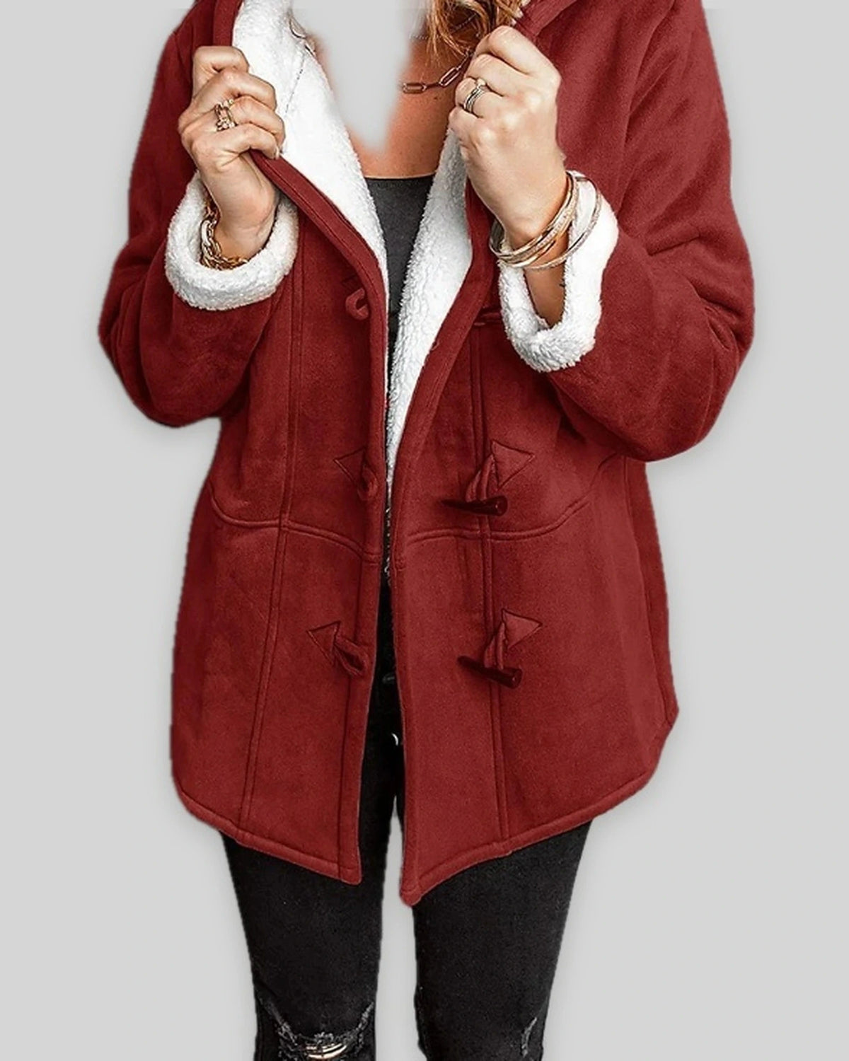 Women's Duffle Coat with Hooded Fleece Lining, Faux Shearling Trim and Toggle Fastening, Winter Coat Women
