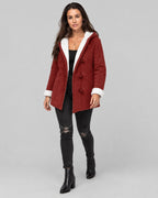 Women's Duffle Coat with Hooded Fleece Lining, Faux Shearling Trim and Toggle Fastening, Winter Coat Women