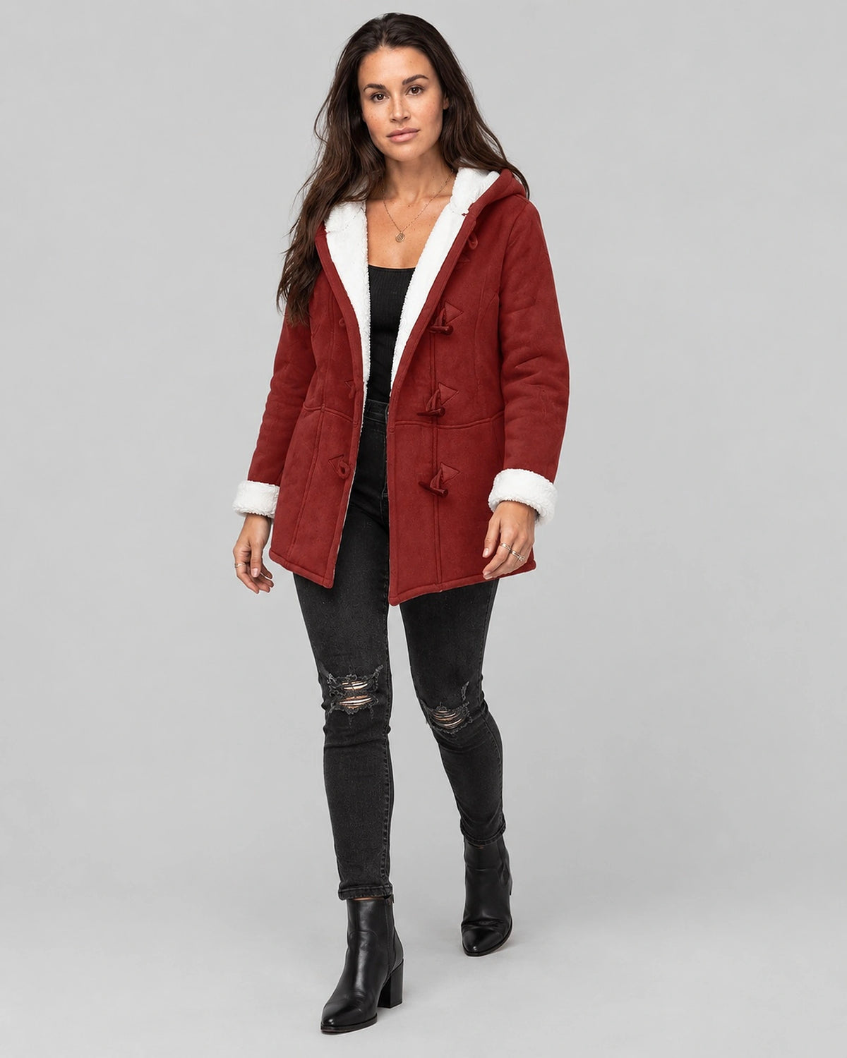 Women's Duffle Coat with Hooded Fleece Lining, Faux Shearling Trim and Toggle Fastening, Winter Coat Women