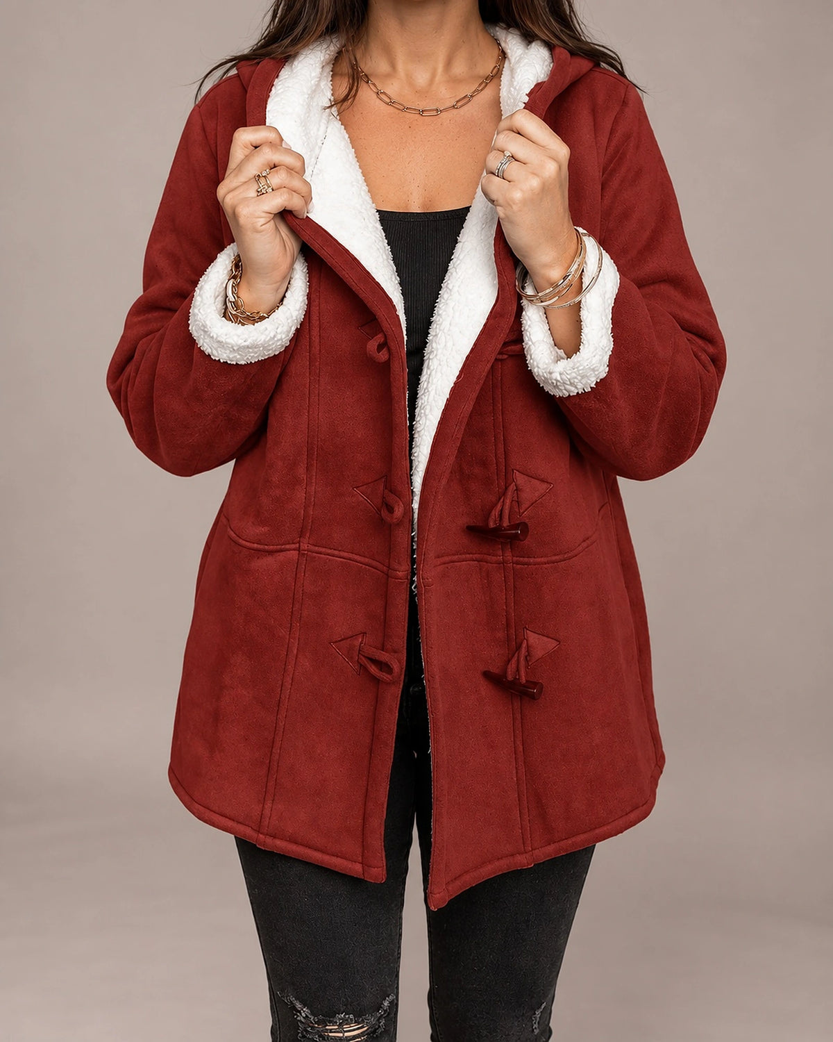 Women's Duffle Coat with Hooded Fleece Lining, Faux Shearling Trim and Toggle Fastening, Winter Coat Women