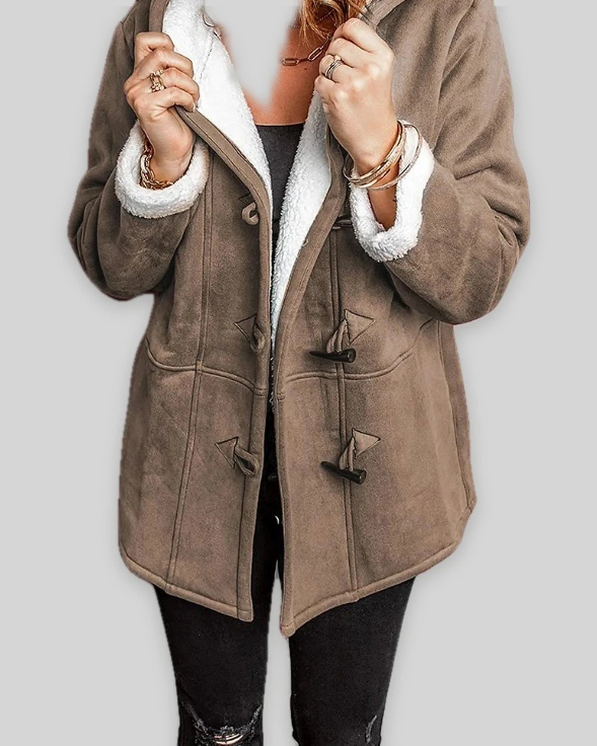 Women's Duffle Coat with Hooded Fleece Lining, Faux Shearling Trim and Toggle Fastening, Winter Coat Women