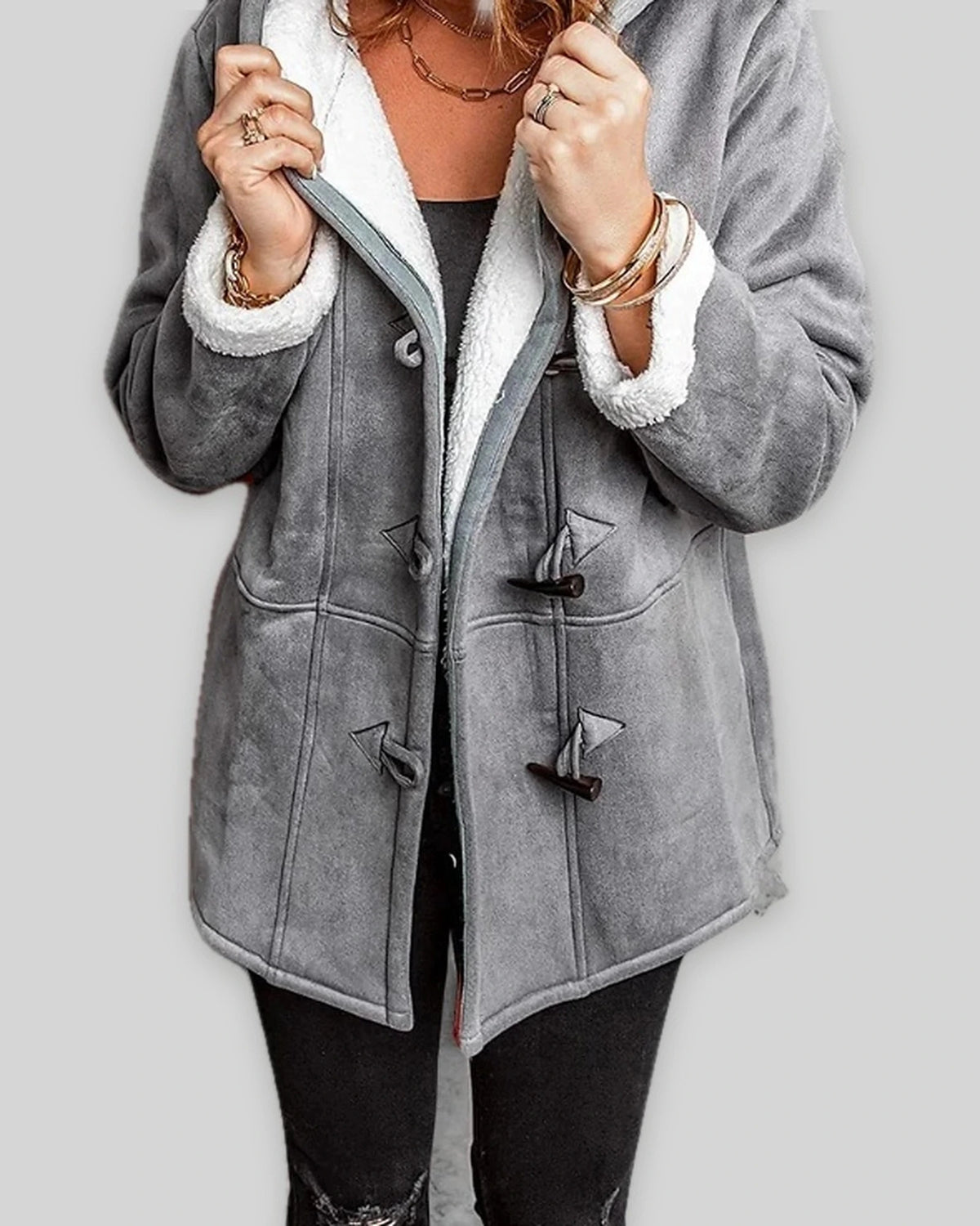 Women's Duffle Coat with Hooded Fleece Lining, Faux Shearling Trim and Toggle Fastening, Winter Coat Women