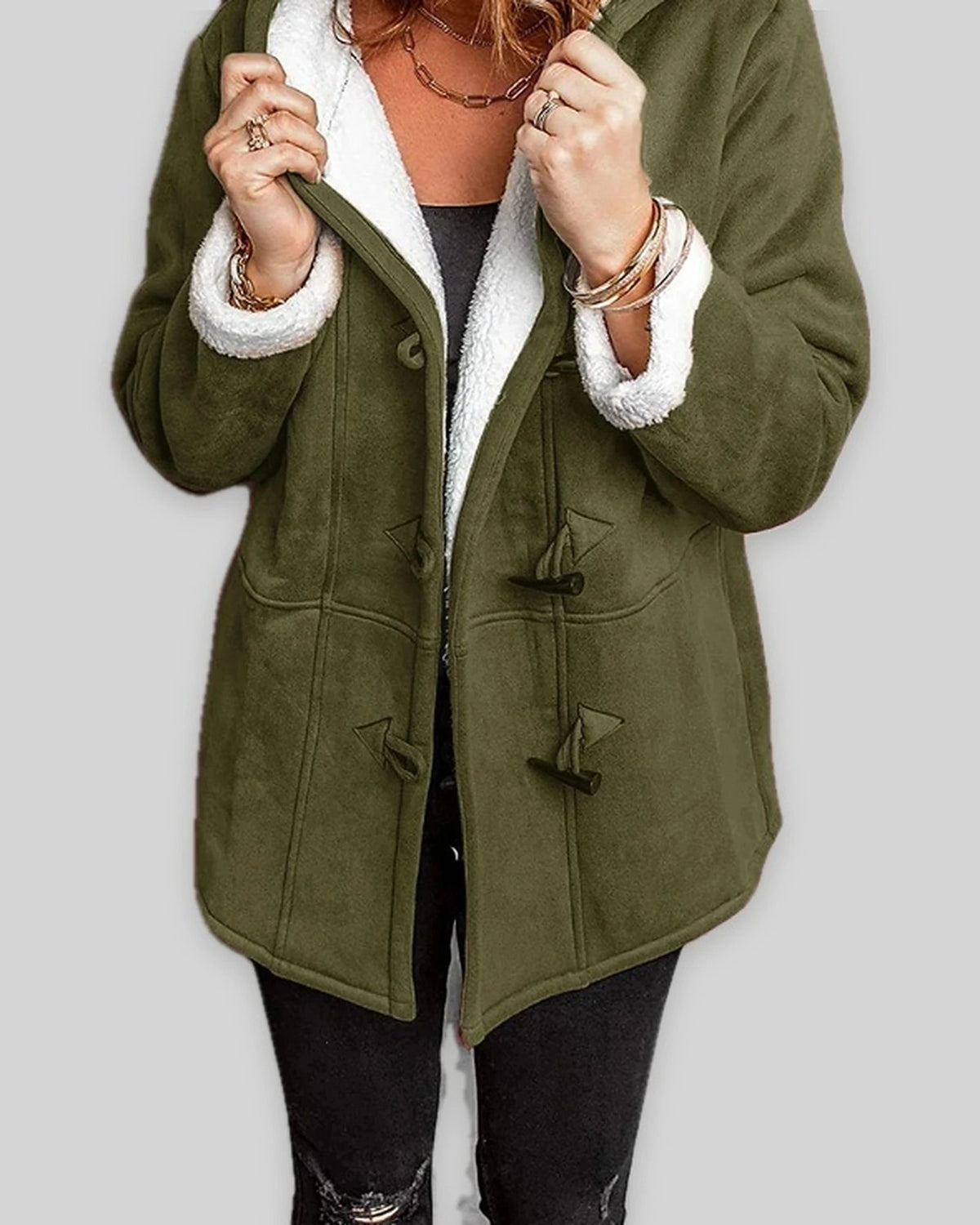 Women's Duffle Coat with Hooded Fleece Lining, Faux Shearling Trim and Toggle Fastening, Winter Coat Women