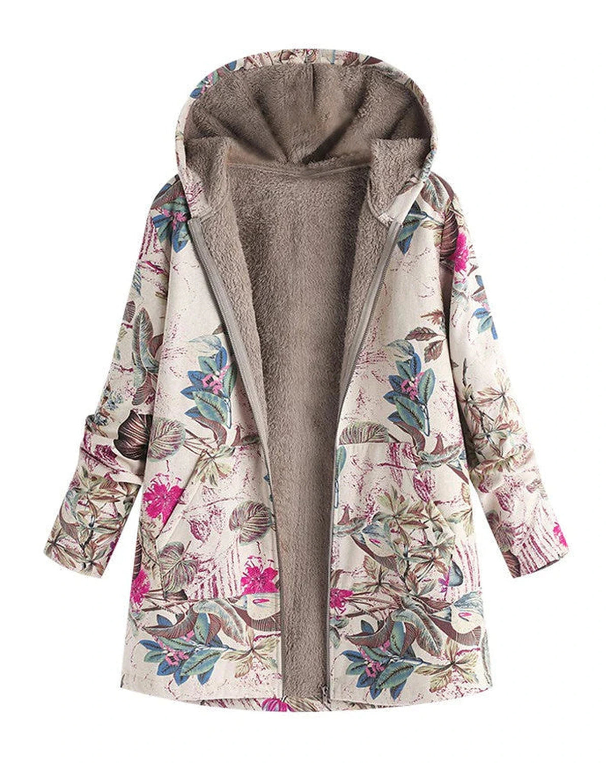 Women's Winter Coat Jacket in Floral Print, Hooded and Fleece-Lined with Patch Pockets – Willa Jane
