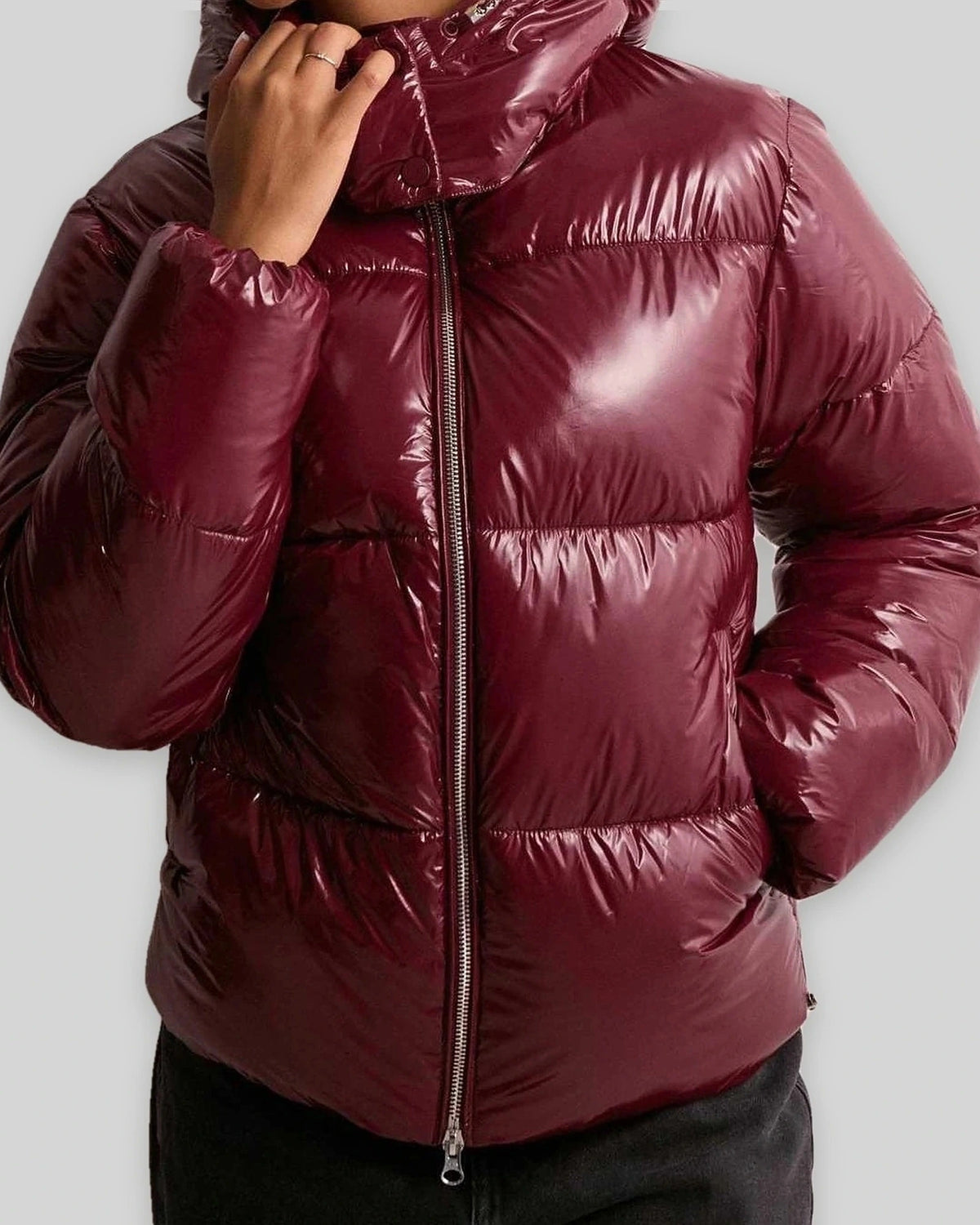 Women's Puffer Jacket with Hood and Drawcord Hem, Glossy Quilted Winter Coat – Holly