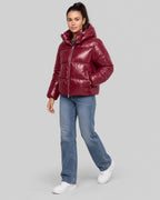 Women's Puffer Jacket with Hood and Drawcord Hem, Glossy Quilted Winter Coat – Holly
