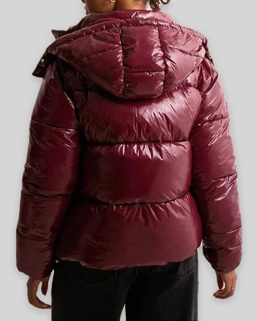 Women's Puffer Jacket with Hood and Drawcord Hem, Glossy Quilted Winter Coat – Holly