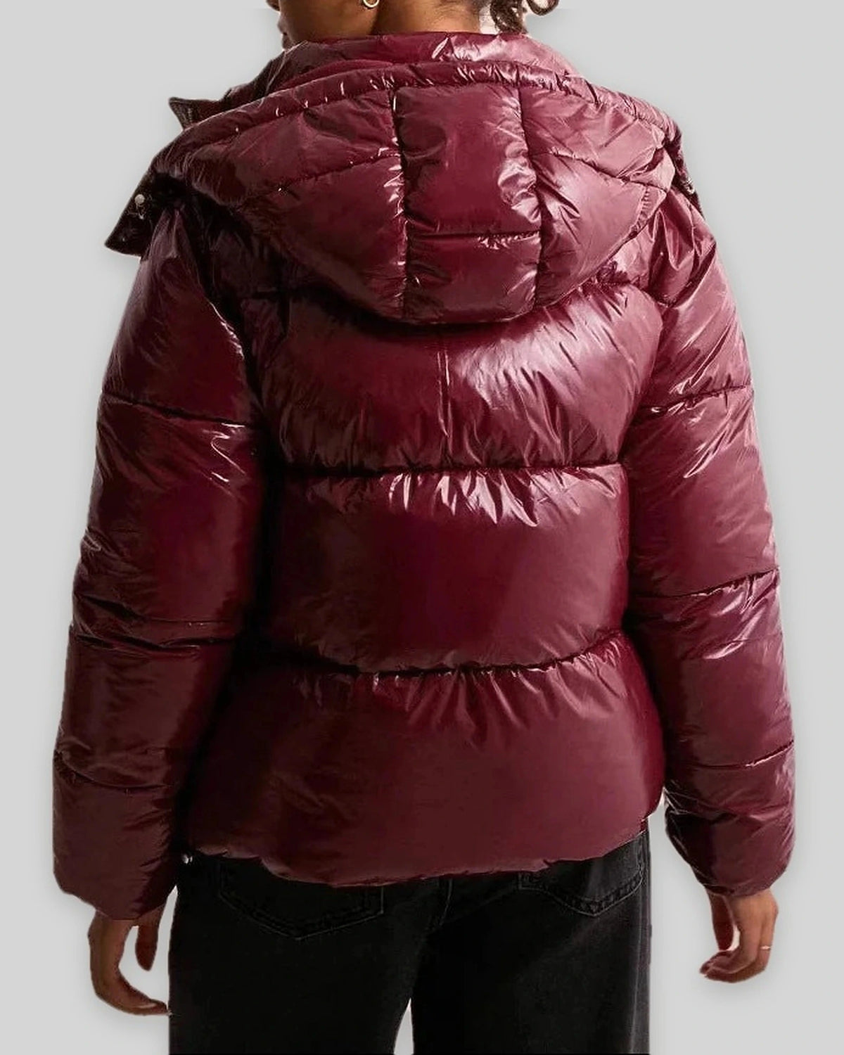 Women's Puffer Jacket with Hood and Drawcord Hem, Glossy Quilted Winter Coat – Holly