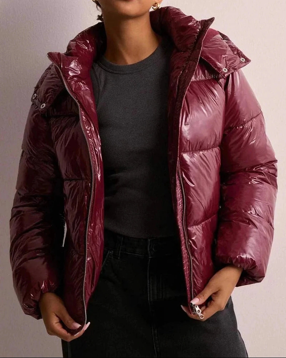 Women's Puffer Jacket with Hood and Drawcord Hem, Glossy Quilted Winter Coat – Holly