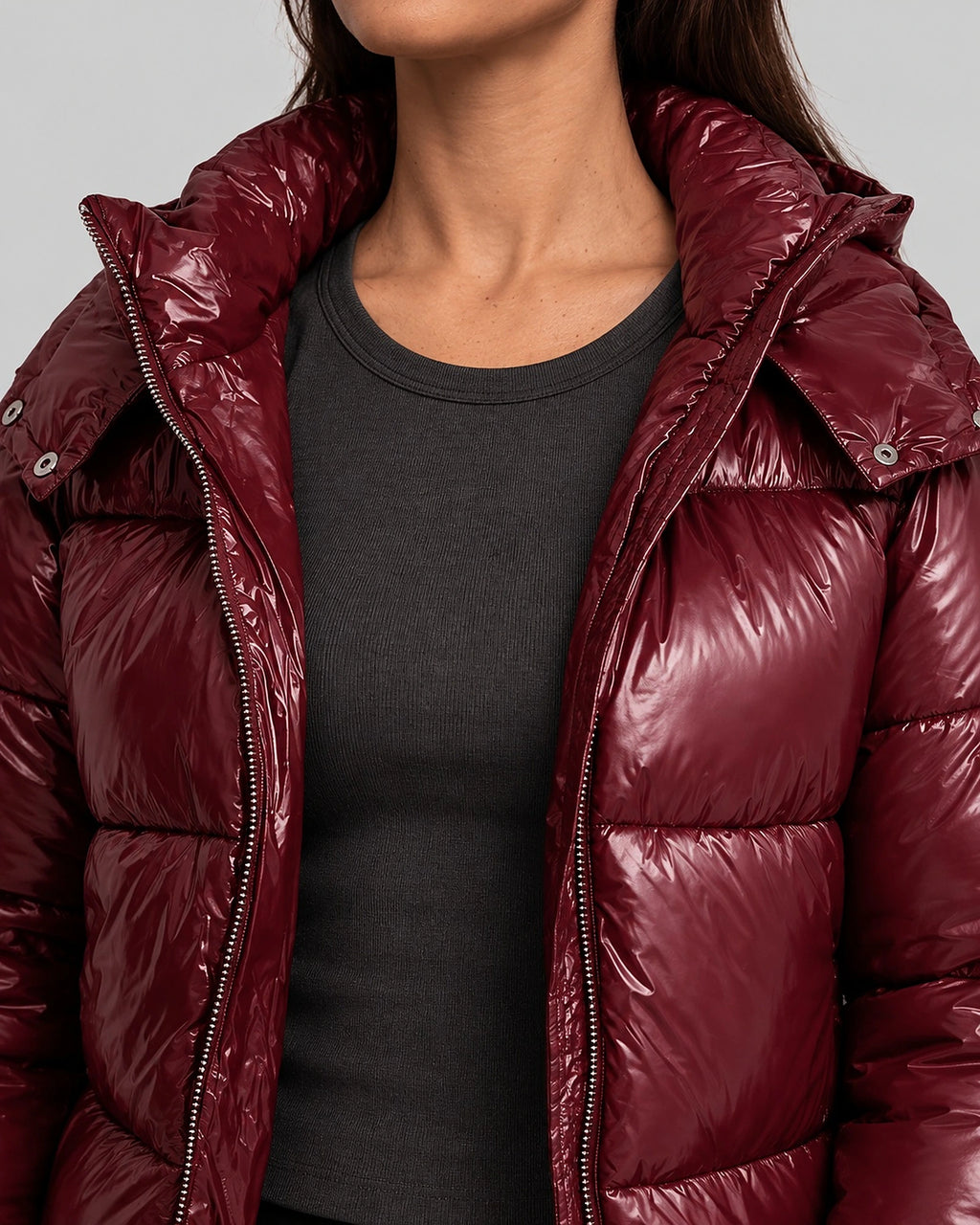 Women's Puffer Jacket with Hood and Drawcord Hem, Glossy Quilted Winter Coat – Holly