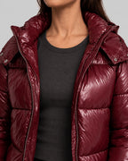 Women's Puffer Jacket with Hood and Drawcord Hem, Glossy Quilted Winter Coat – Holly