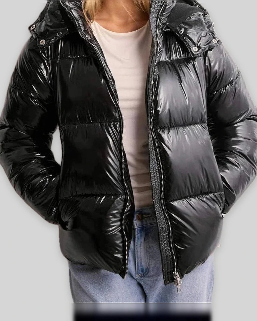 Women's Puffer Jacket with Hood and Drawcord Hem, Glossy Quilted Winter Coat – Holly