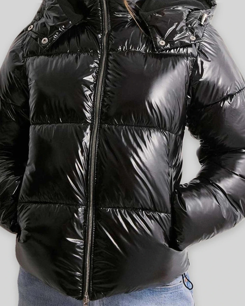 Women's Puffer Jacket with Hood and Drawcord Hem, Glossy Quilted Winter Coat – Holly