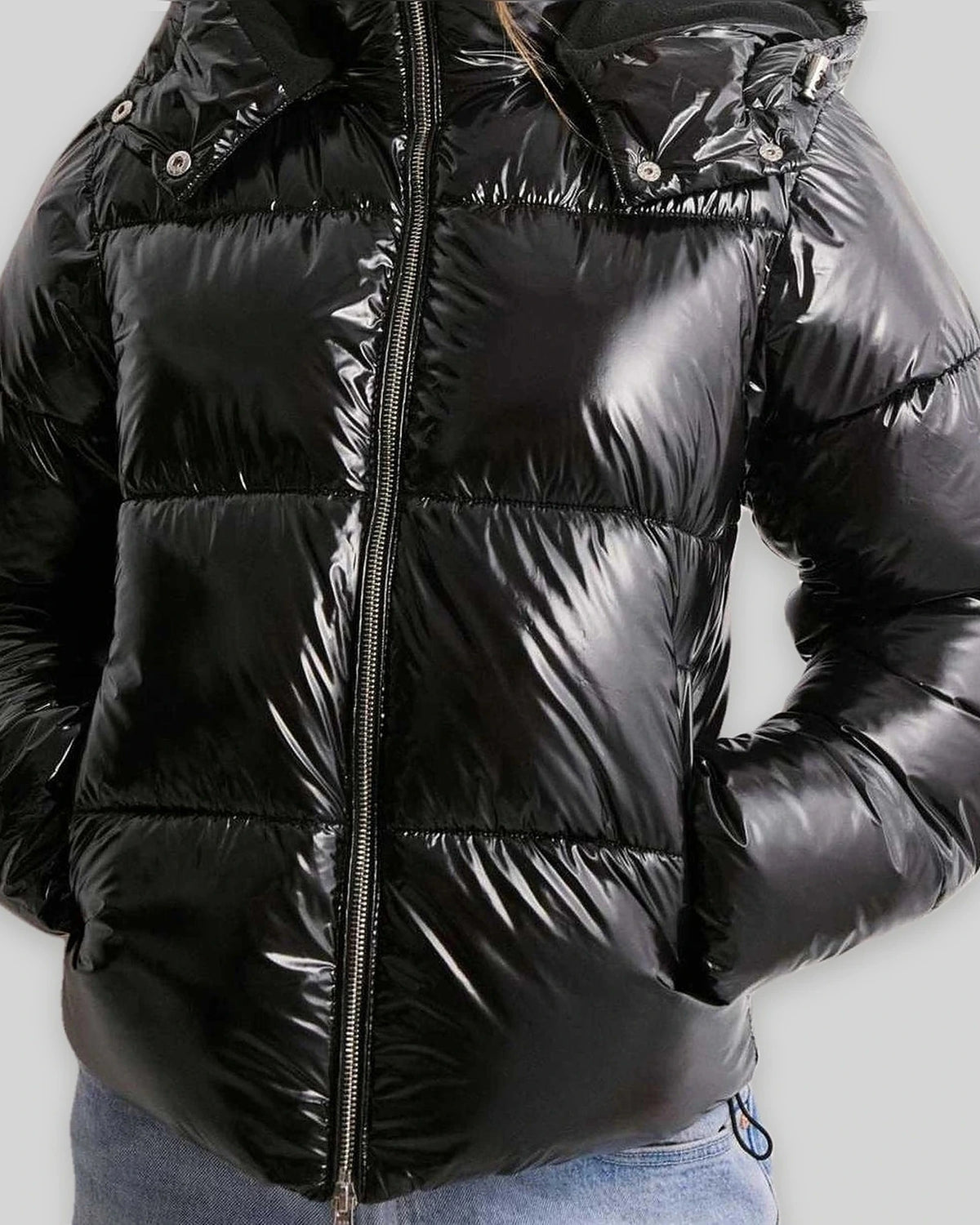 Women's Puffer Jacket with Hood and Drawcord Hem, Glossy Quilted Winter Coat – Holly