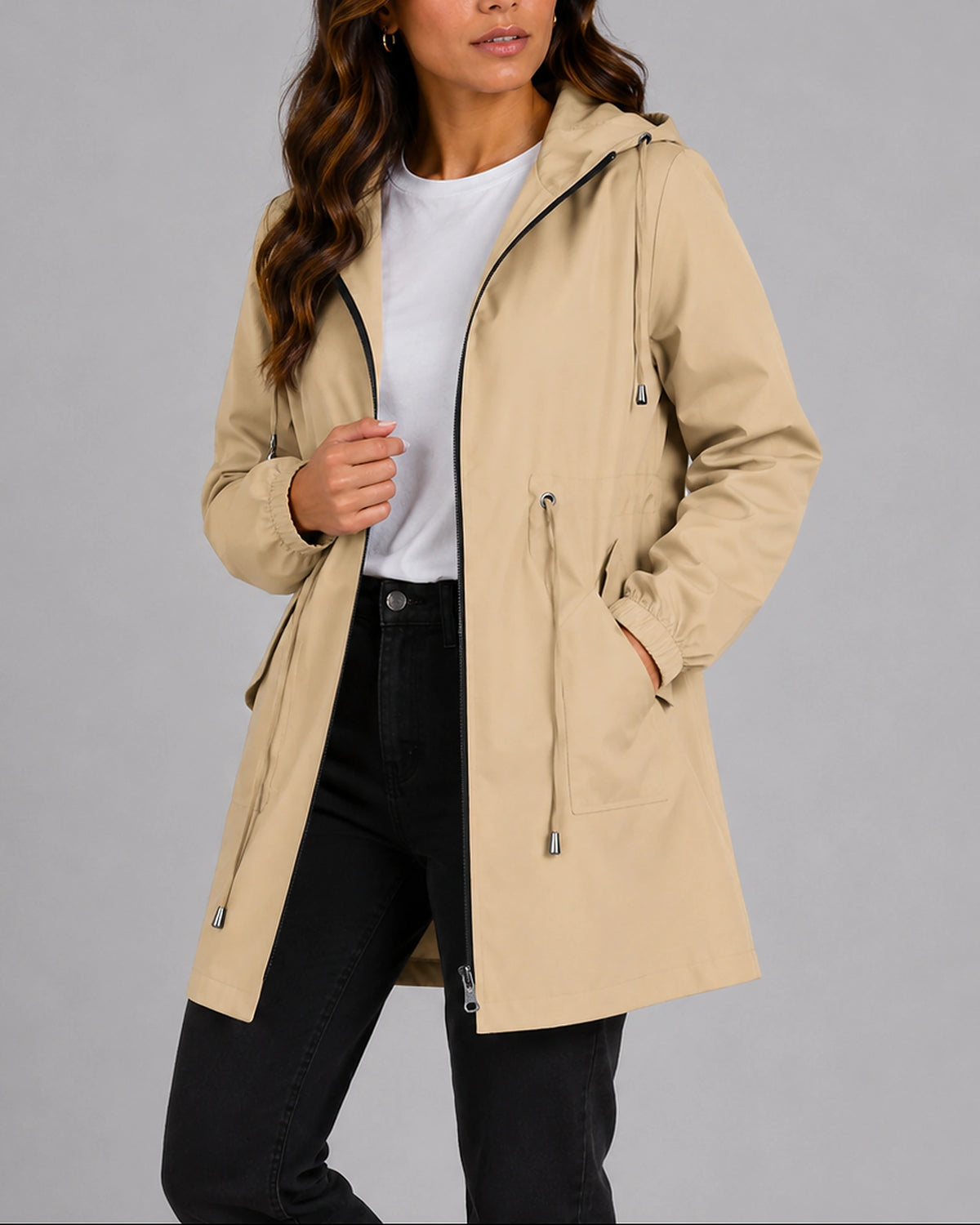 Women's Rain Jacket with Hood and Drawstring Waist, Lightweight Waterproof Jacket with Side Pockets – Jessa