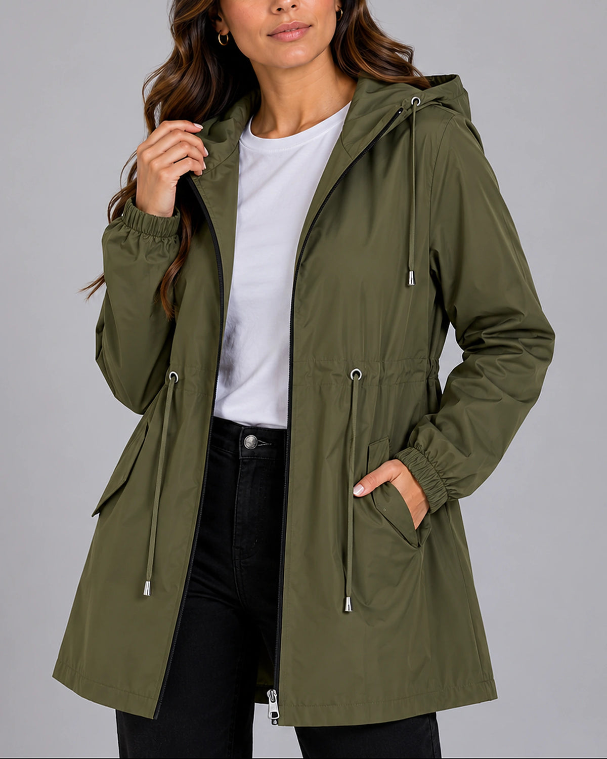 Women's Rain Jacket with Hood and Drawstring Waist, Lightweight Waterproof Jacket with Side Pockets – Jessa