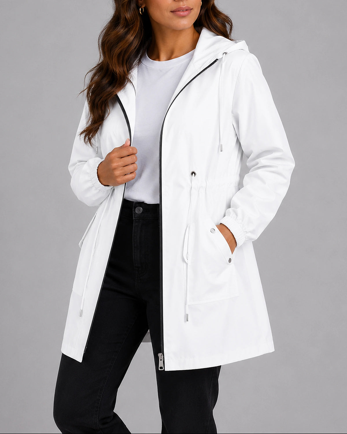 Women's Rain Jacket with Hood and Drawstring Waist, Lightweight Waterproof Jacket with Side Pockets – Jessa