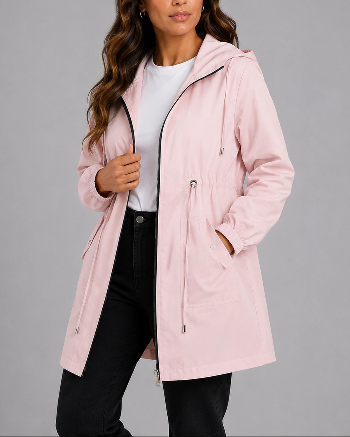 Women's Rain Jacket with Hood and Drawstring Waist, Lightweight Waterproof Jacket with Side Pockets – Jessa