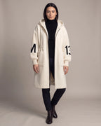 Women's Long Coat with Hood, Contrast Knit Sleeves and Drawstring Waist