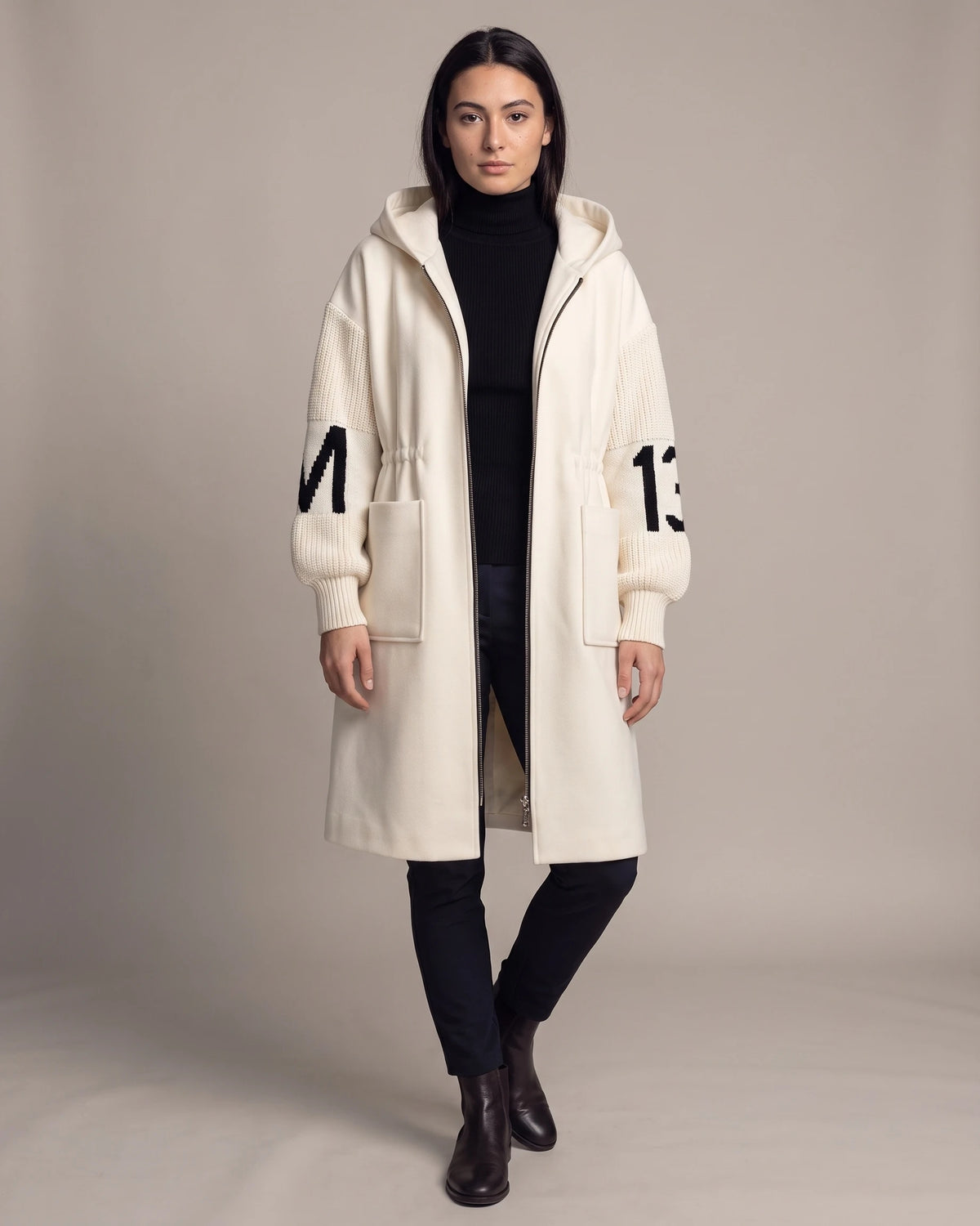 Women's Long Coat with Hood, Contrast Knit Sleeves and Drawstring Waist